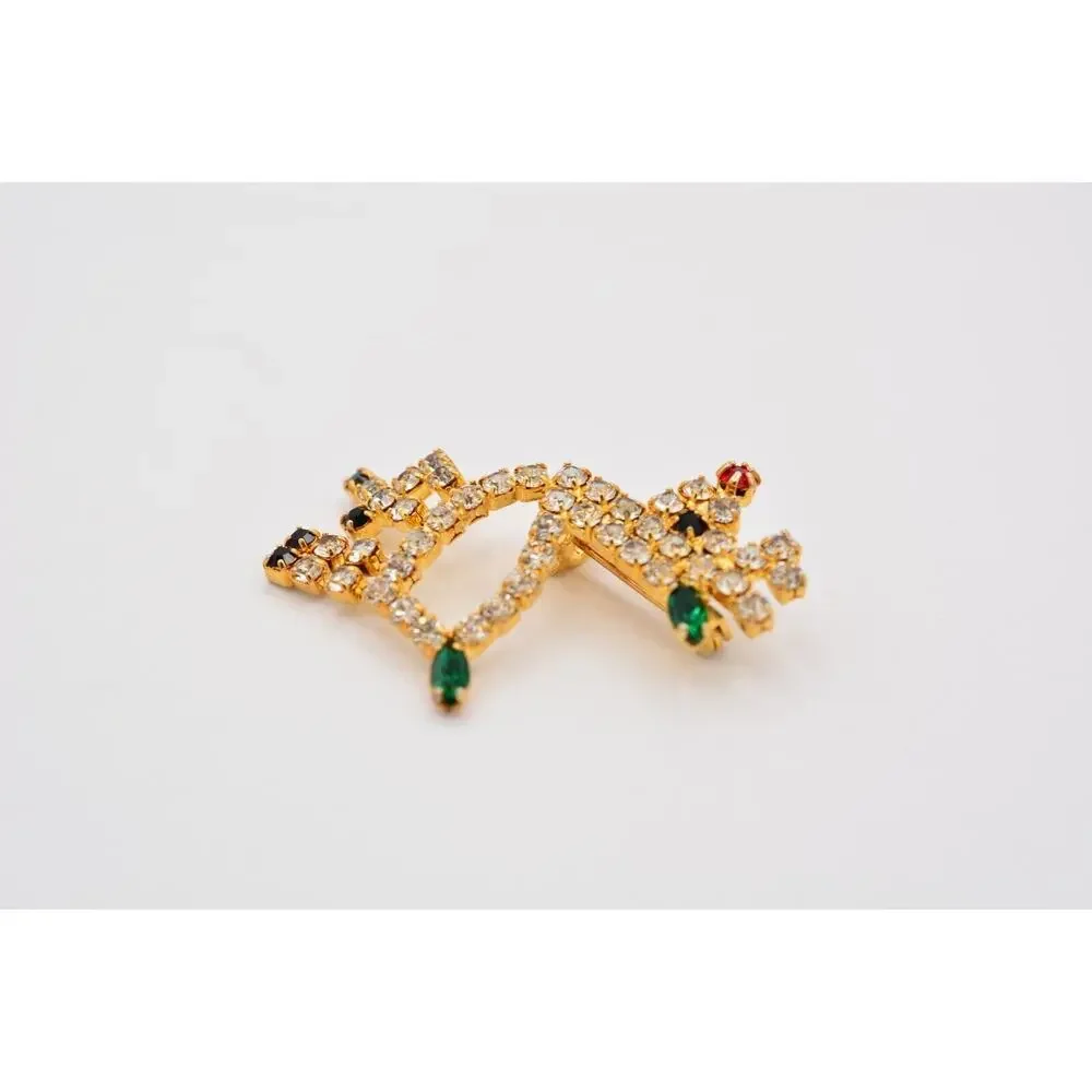 Vintage Crystal Reindeer Pin Brooch Rhinestone Gold Tone Christmas 1980s BinAT